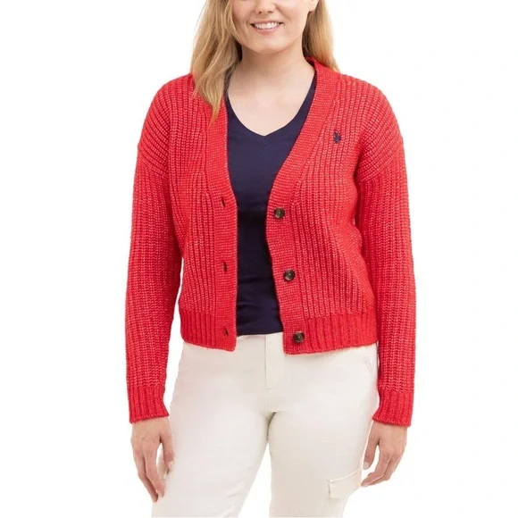 U.S Polo Association Red Knit Cable Cardigan Sweater - Picture 1 of 10
